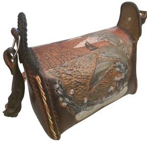 Hand-Tooled Leather Baarrel Bag with Dolphin Sea Ocean Life Motif Scene Brown